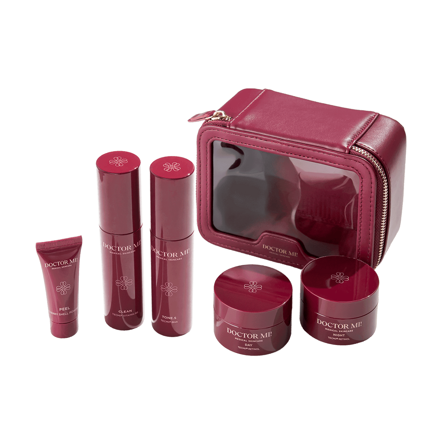 DOCTOR MI! DISCOVER MI! SET Produktset als Einstieg in die Retinolpflege, ideal zum Ausprobieren oder für Unterwegs mit BALANCING CLEANSER in rotem Pumpspender, REVIVING PEEL in roter Tube, RENEWING TONER in rotem Pumpspender, REFINING DAY CREAM in rotem Tiegel, REGENERATING NIGHT CREAM in rotem Tiegel
