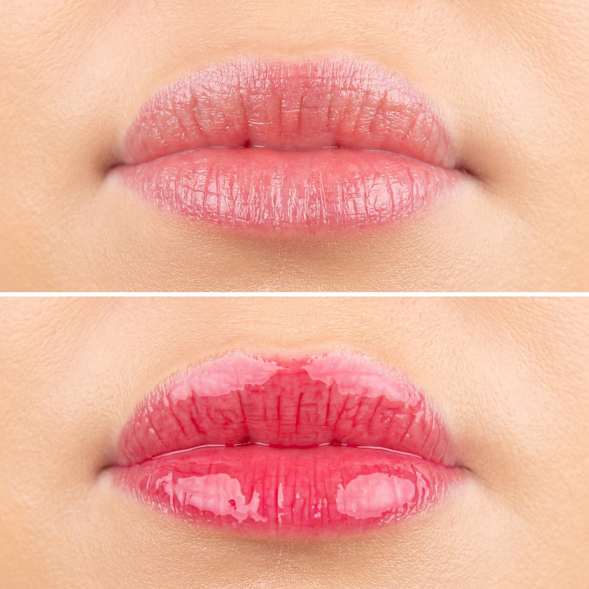 DOCTOR MI! PLUMPING LIP TINT innovative Lippenpflege mit einem Hauch von Farbe für eine gestärkte Hautbarriere vorher nachher Bilder mit zarten roten gepflegten Lippen für sofortigen Plumping-Effekt