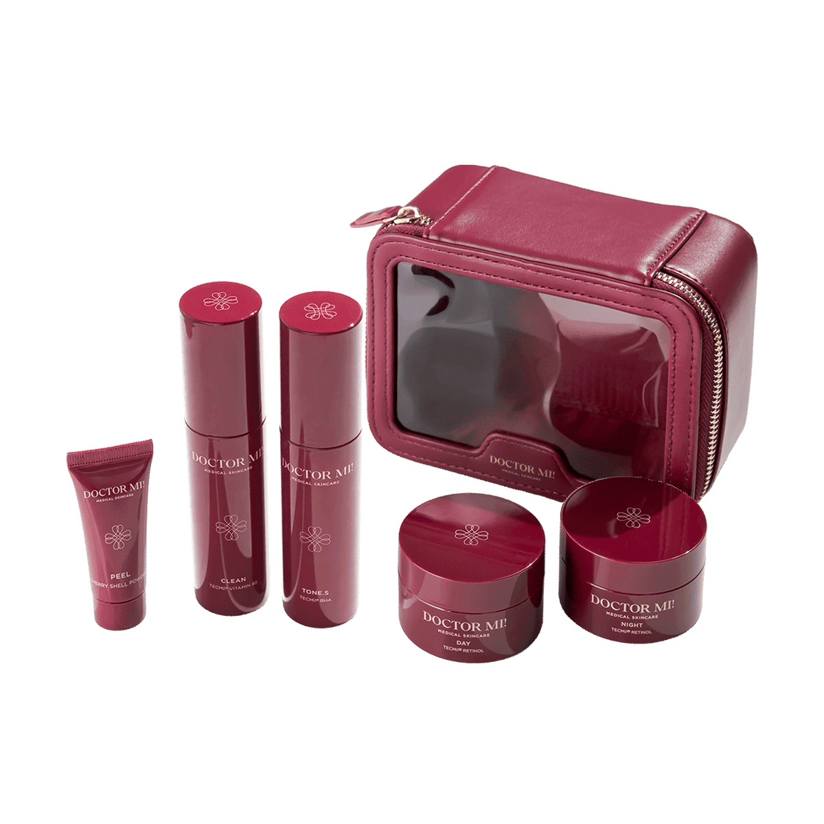 DOCTOR MI! DISCOVER MI! SET Produktset als Einstieg in die Retinolpflege, ideal zum Ausprobieren oder für Unterwegs mit BALANCING CLEANSER in rotem Pumpspender, REVIVING PEEL in roter Tube, RENEWING TONER in rotem Pumpspender, REFINING DAY CREAM in rotem Tiegel, REGENERATING NIGHT CREAM in rotem Tiegel 